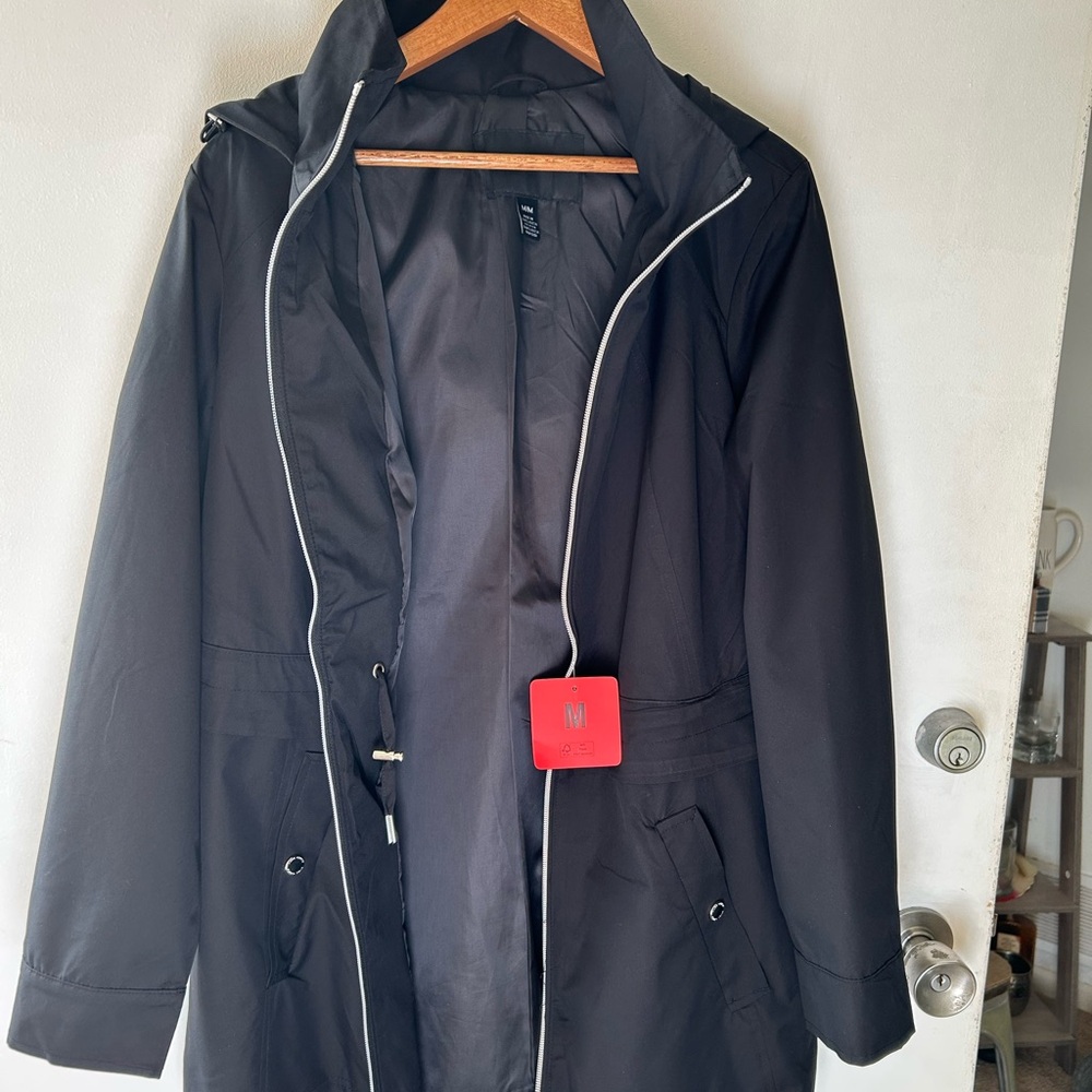 Chic Black Hooded Coat with White Piping